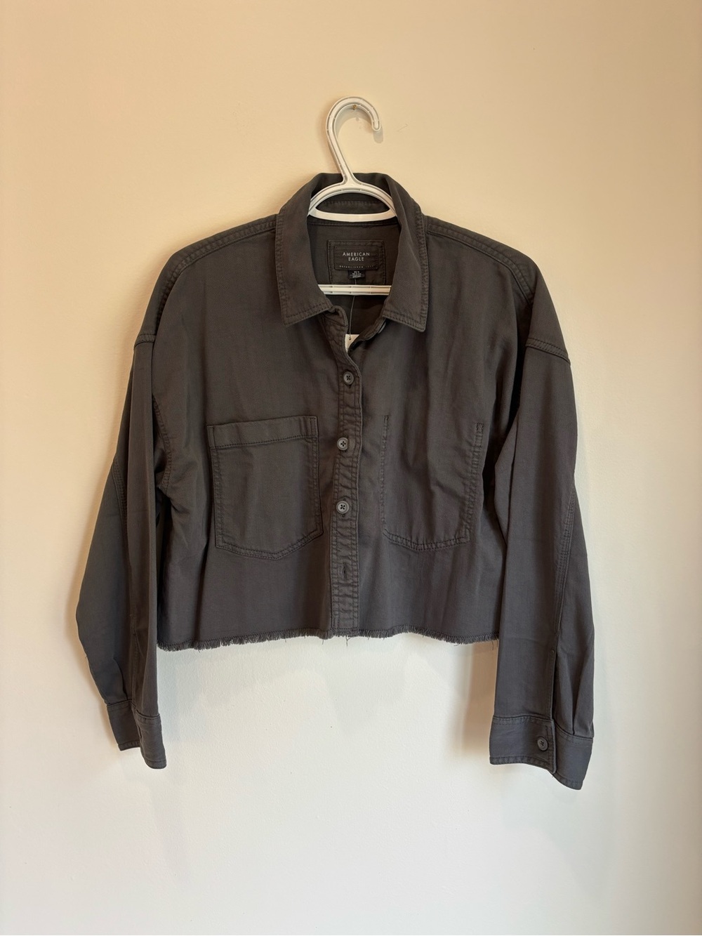 American Eagle Outfitters Cropped Button-Front Jacket in Charcoal Gray